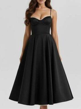 New Almond Muse Selene Midi Dress Full Skirt Black White Lace Trim Small